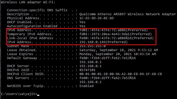 IP Address of computer